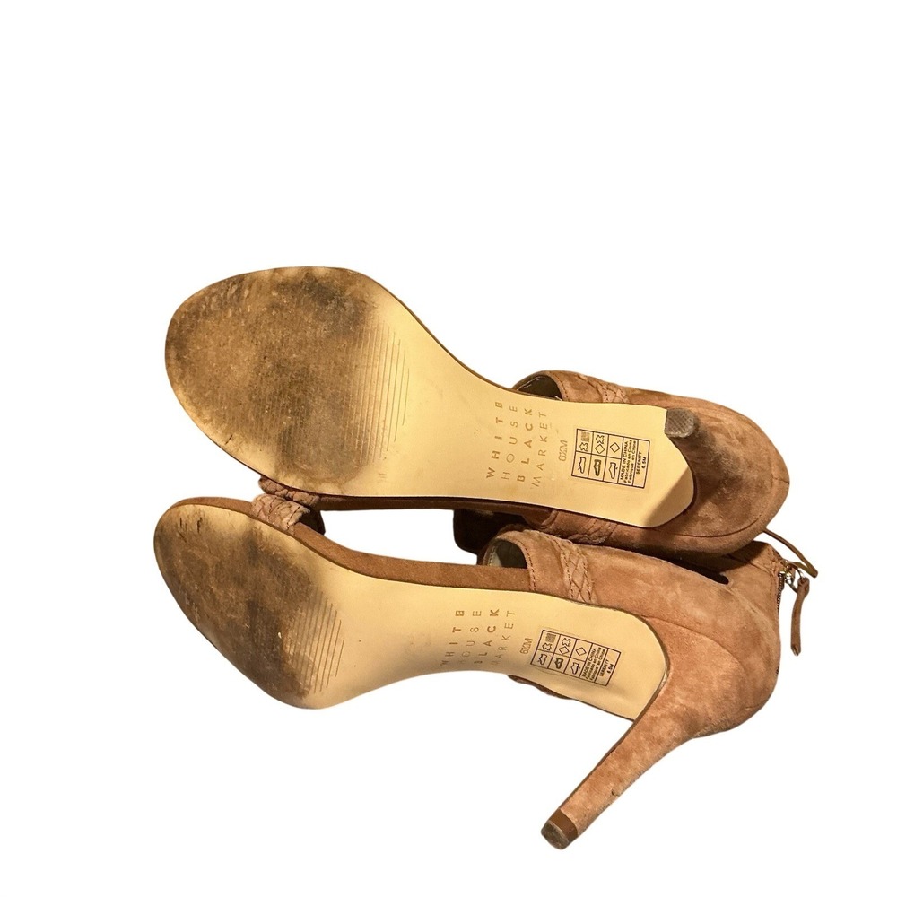White House Black Market Tan Suede Ankle 3" Heels Back Zip 6.5M Open Toe Boho - Picture 4 of 9